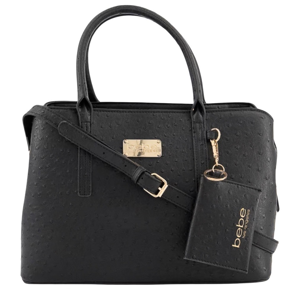 BEBE • Aubrey Ostrich Embossed Crossbody Detachable Strap Satchel with Card Case